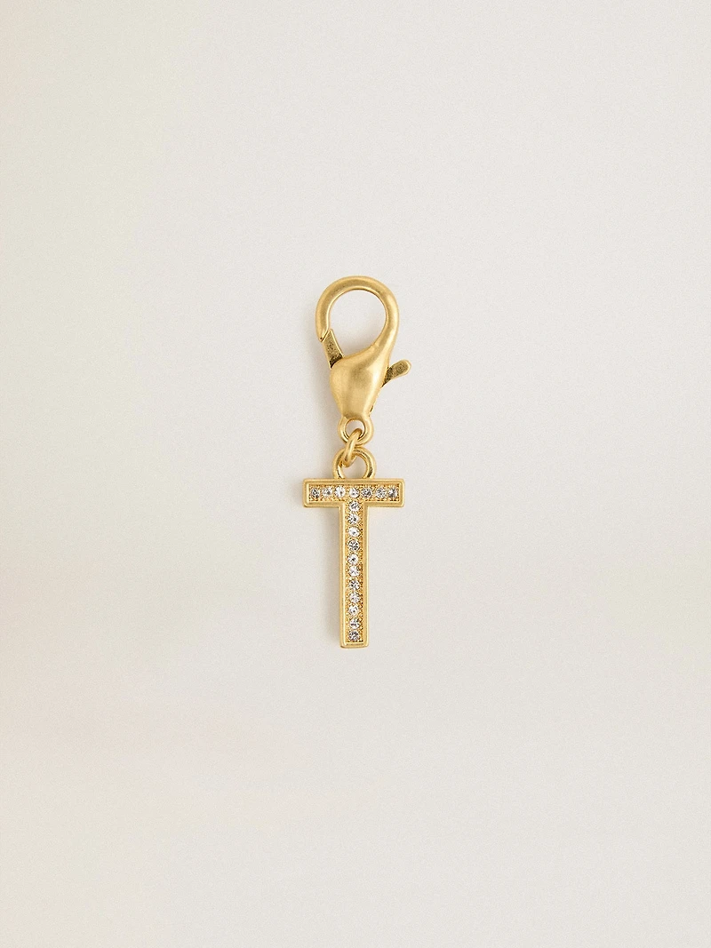 Letter T charm in gold-colored brass with crystals