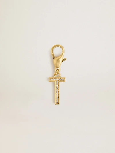 Letter T charm in gold-colored brass with crystals