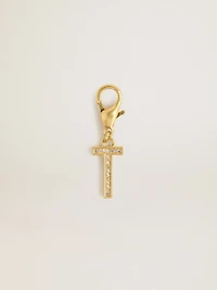 Letter T charm in gold-colored brass with crystals