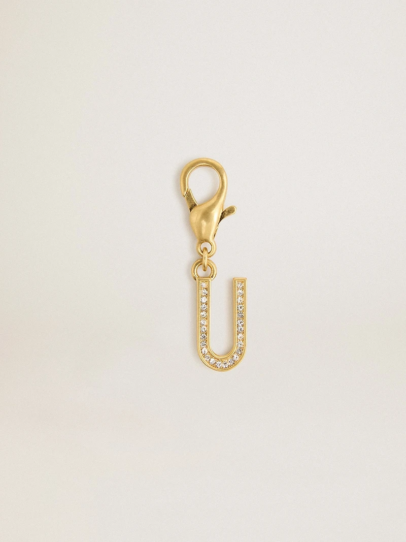 Letter U charm in gold-colored brass with crystals