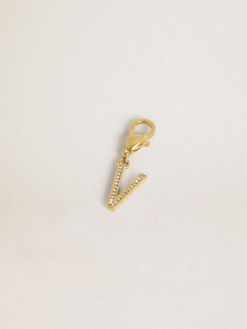 Letter V charm in gold-colored brass with crystals