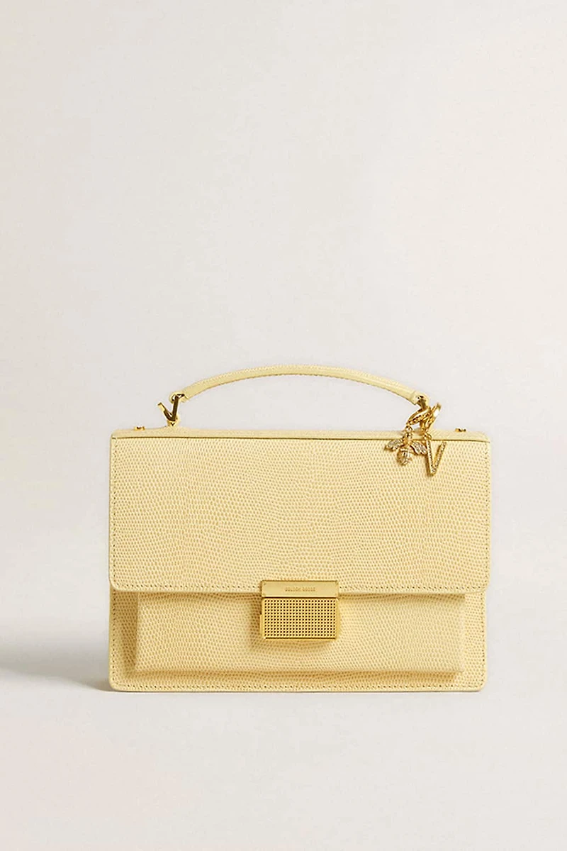 Letter V charm in gold-colored brass with crystals