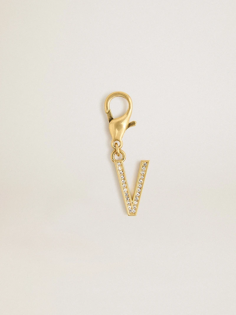 Letter V charm in gold-colored brass with crystals