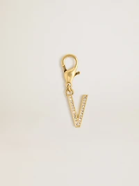 Letter V charm in gold-colored brass with crystals