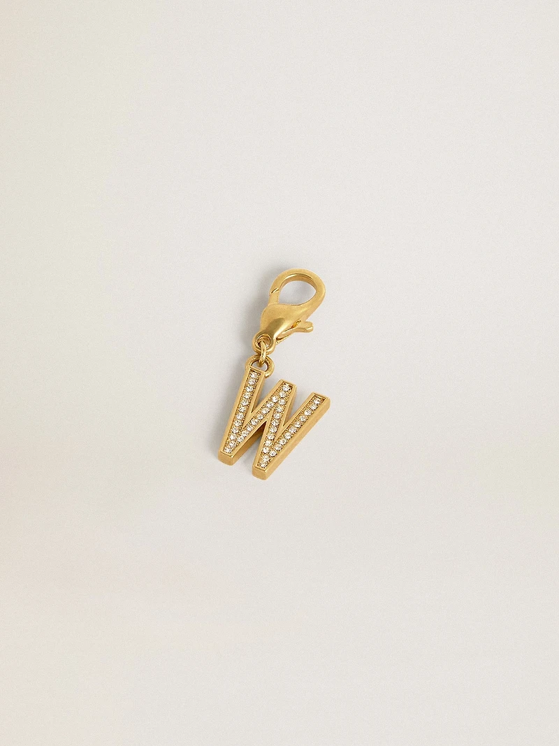 Letter W charm in gold-colored brass with crystals