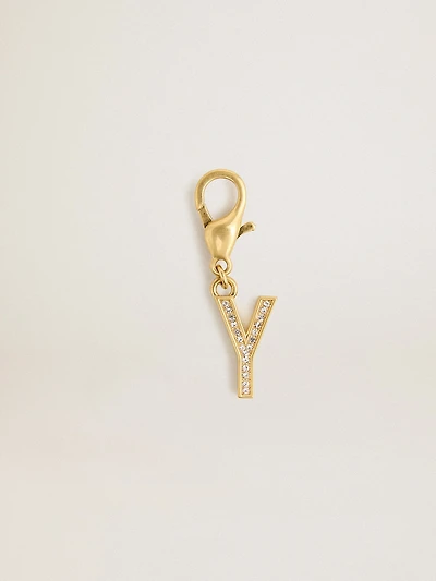 Letter Y charm in gold-colored brass with crystals