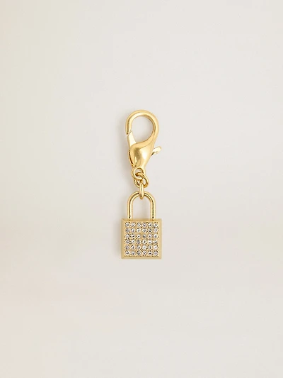 Lock-shaped charm in gold-colored brass with crystals
