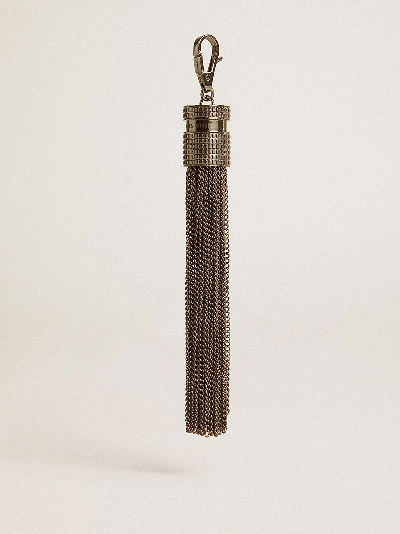 Tassel-shaped charm in silver-colored brass with crystals