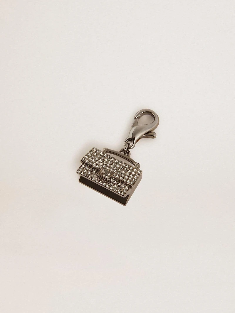 Purse-shaped charm in silver-colored brass with crystals