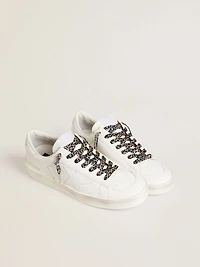 Beige leopard-print laces with contrasting white logo