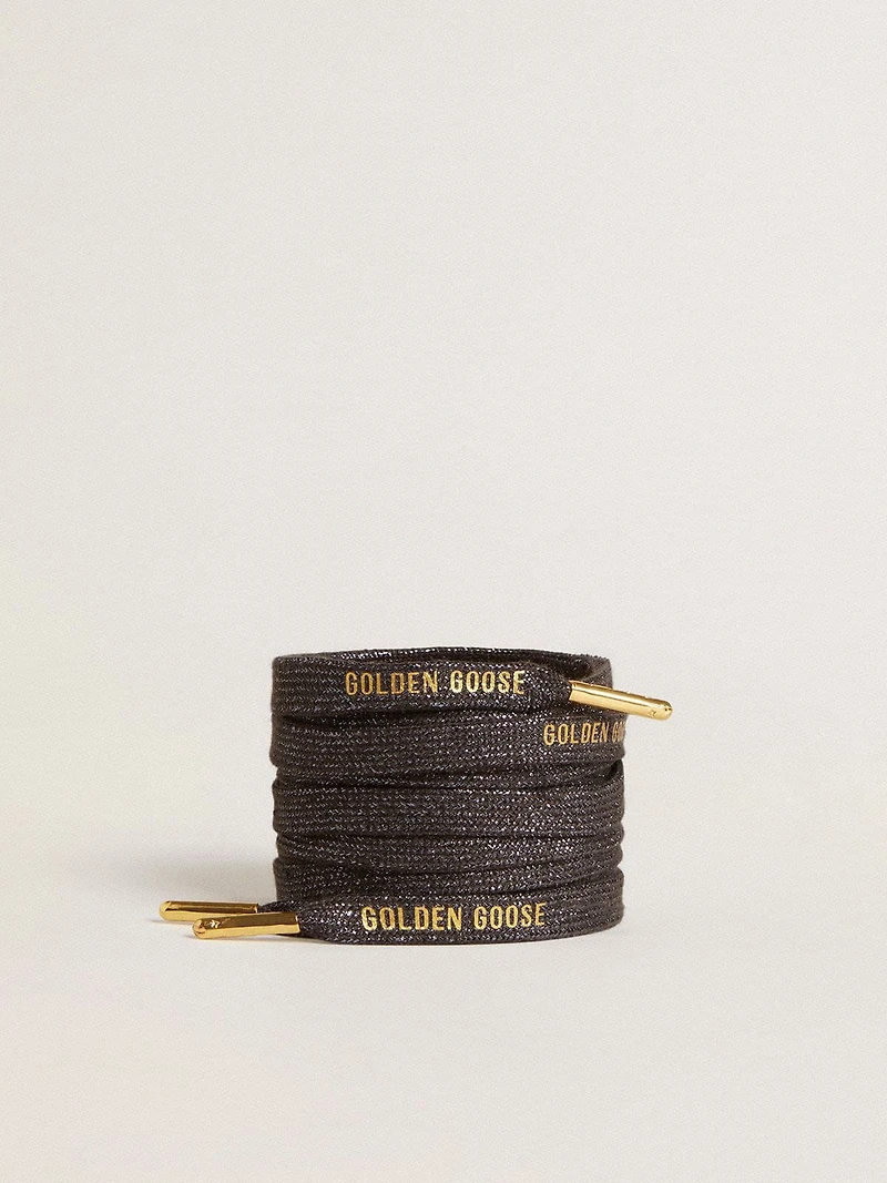 Dark gray lurex laces with contrasting gold logo