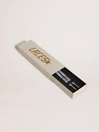 Silver-colored Lurex laces with contrasting black logo