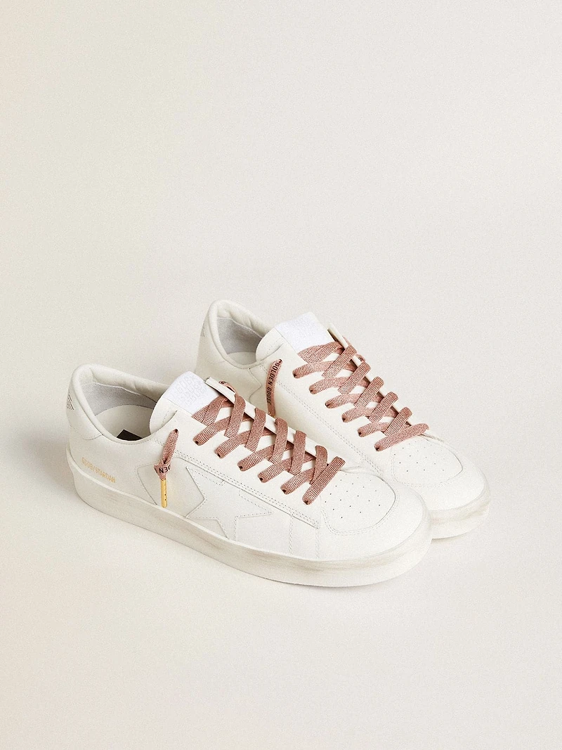 Salmon pink Lurex laces with contrasting black logo