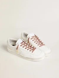 Salmon pink Lurex laces with contrasting black logo