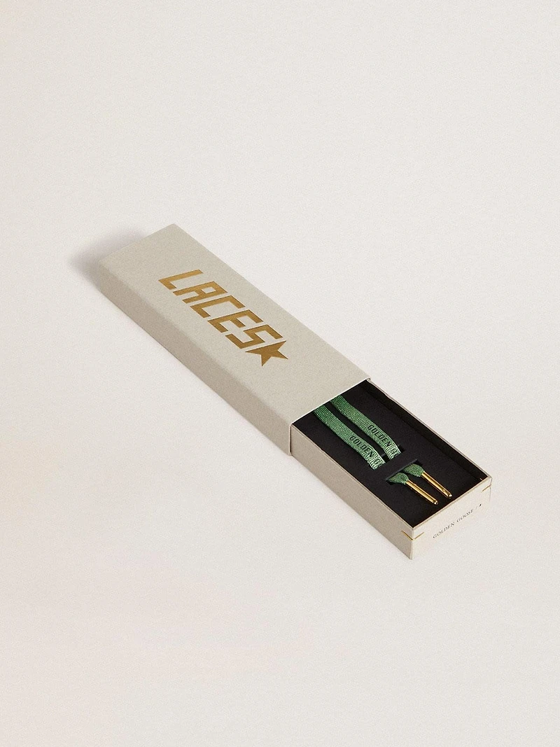 Aqua-green Lurex laces with contrasting black logo