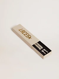 Cotton laces with silver Swarovski crystals and gold-colored logo