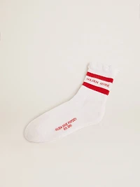 White socks with distressed details and red stripes