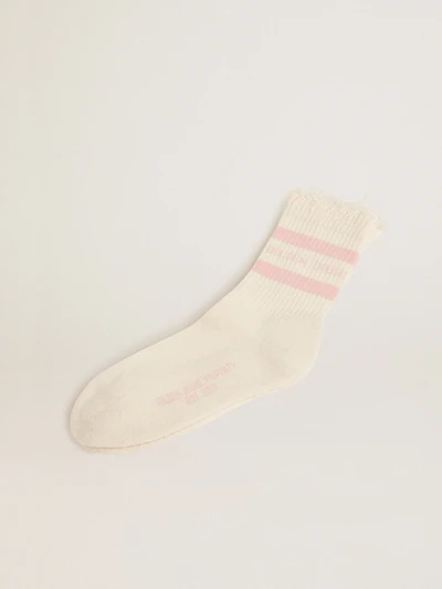Distressed-finish white socks with baby-pink logo and stripes