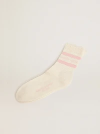 Distressed-finish white socks with baby-pink logo and stripes