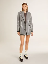 White socks with distressed details and gray stripes