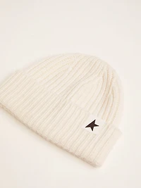 White wool beanie with black star