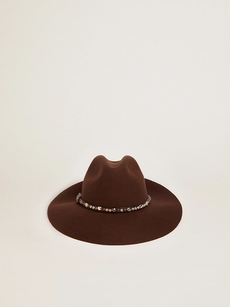 Coffee-brown hat with studded leather strap