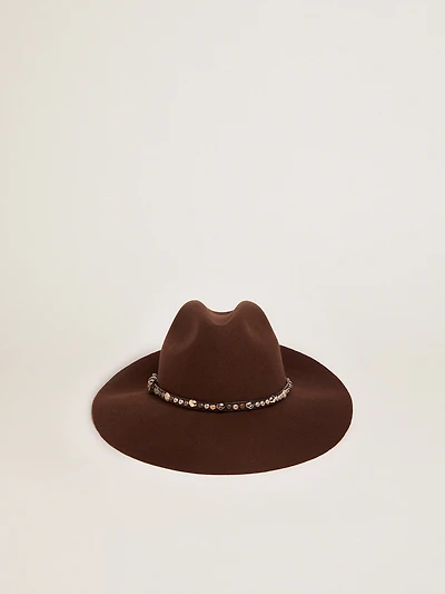 Coffee-brown hat with studded leather strap