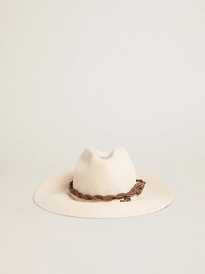 Parchment-colored fedora hat with leather band   