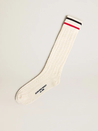 Long ribbed socks vintage white with two-tone stripes