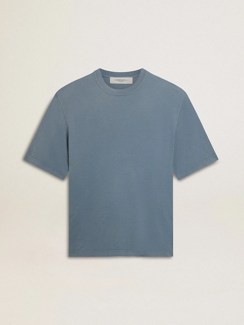 Unisex cotton T-shirt baby blue with reverse print on the back