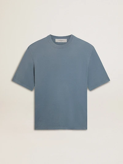 Unisex cotton T-shirt baby blue with reverse print on the back