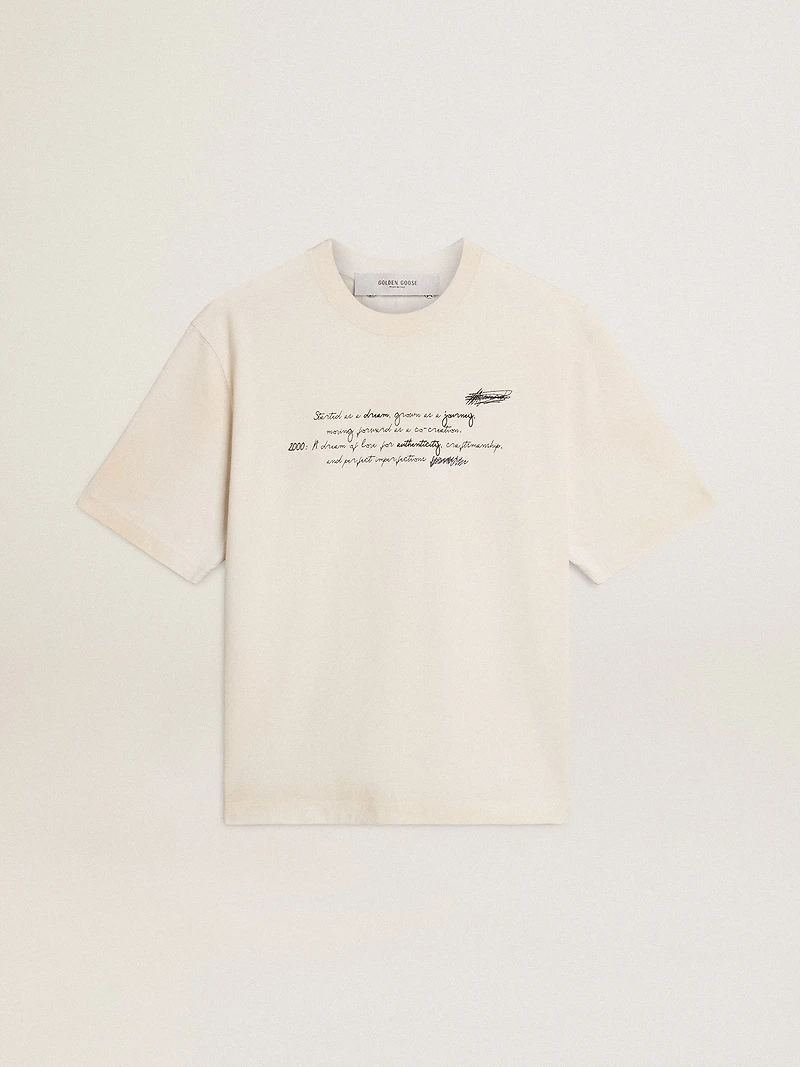Worn-white unisex T-shirt with printed lettering