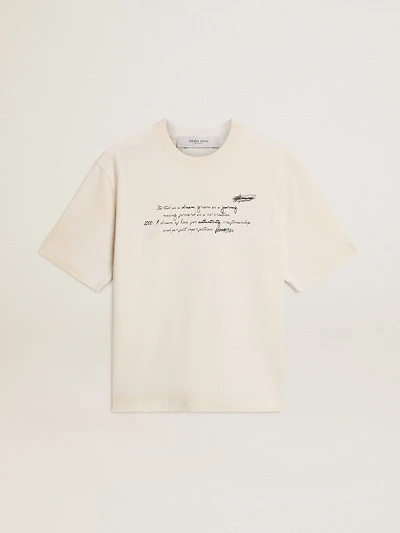 Worn-white unisex T-shirt with printed lettering