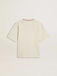 CNY worn-white sleeveless T-shirt with red embroidery