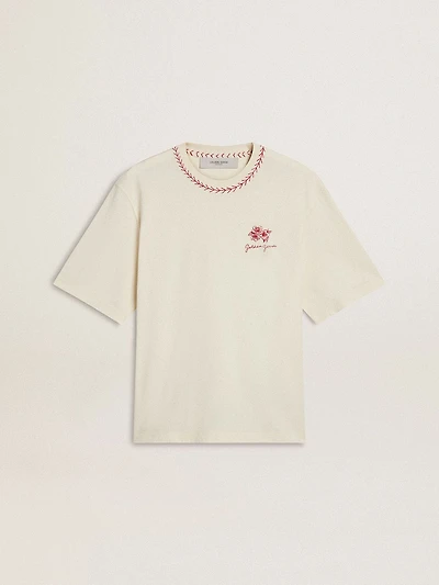 CNY worn-white sleeveless T-shirt with red embroidery