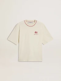 CNY worn-white sleeveless T-shirt with red embroidery