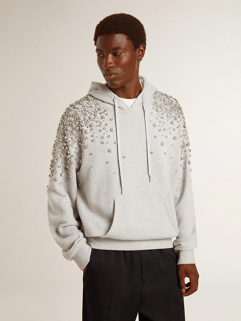 Gray hooded sweatshirt with crystal decoration