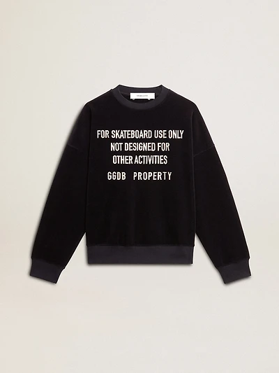 Black crew neck sweatshirt with embroidered lettering
