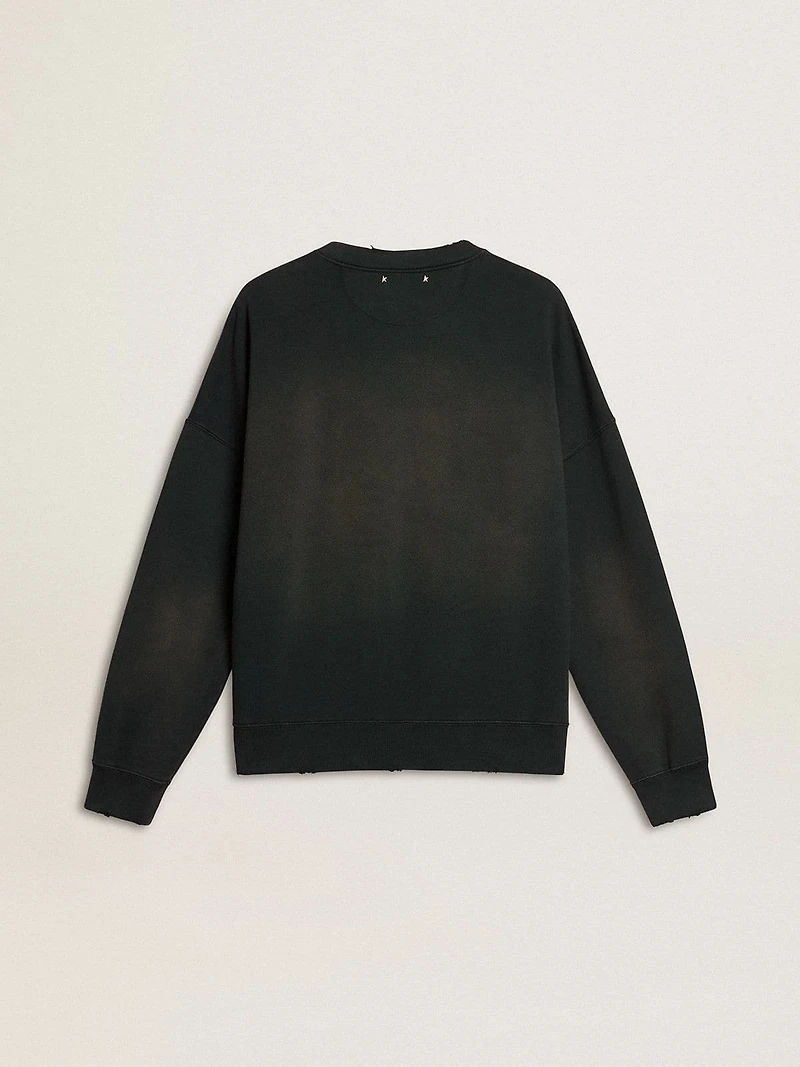 Unisex sweatshirt in worn black cotton with logo embroidery