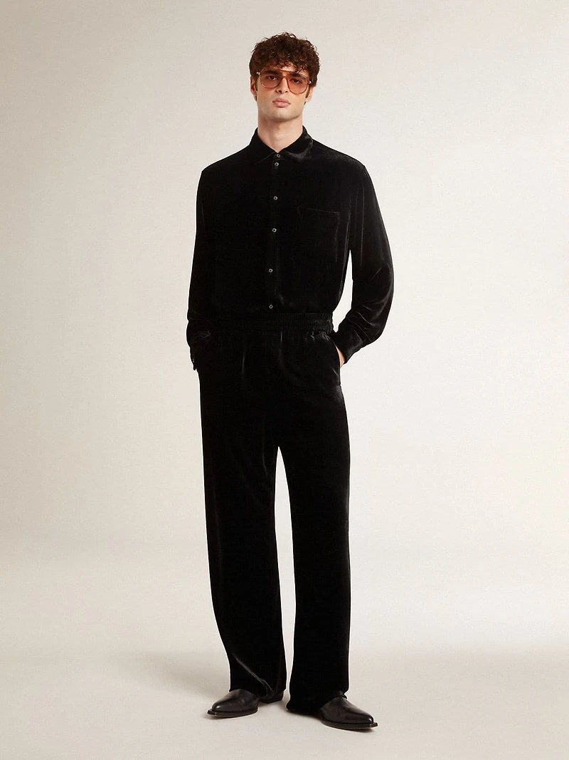 Velvet-effect black shirt with embroidery