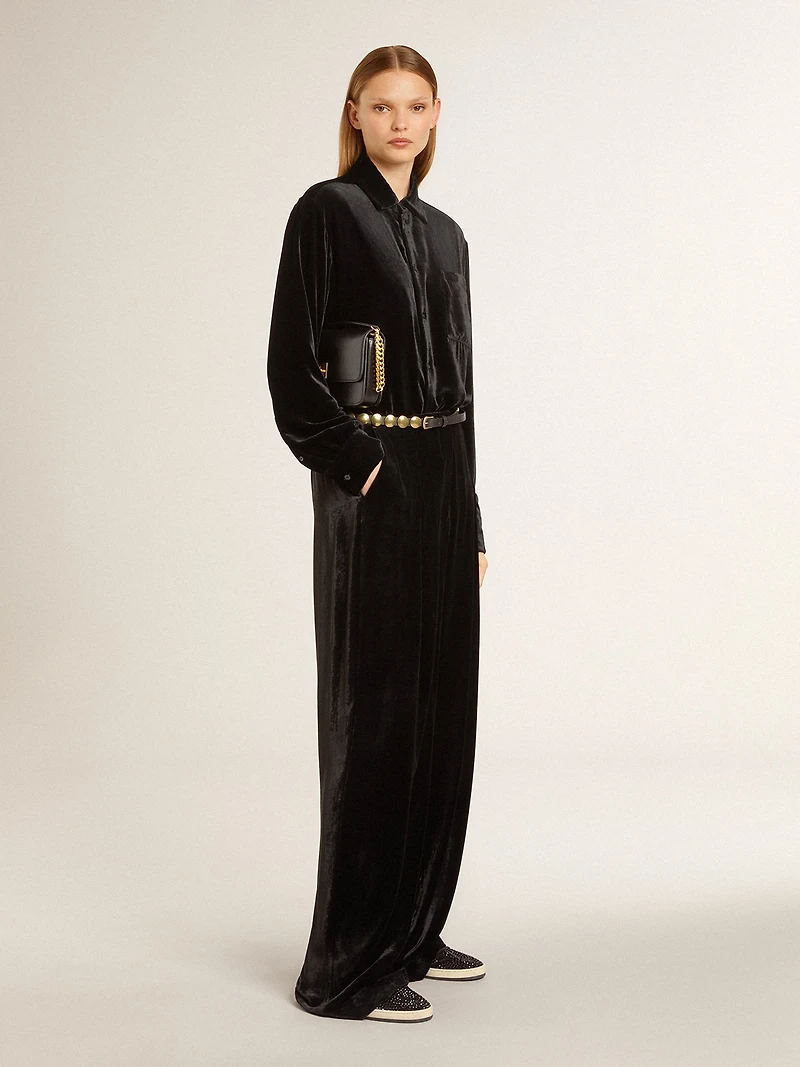 Velvet-effect black shirt with embroidery