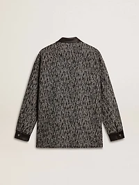 Gray herringbone jacket with black leather details