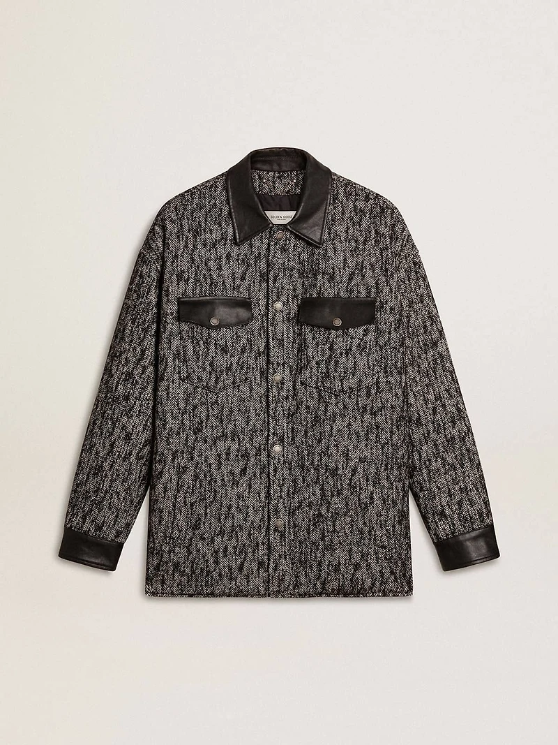Gray herringbone jacket with black leather details