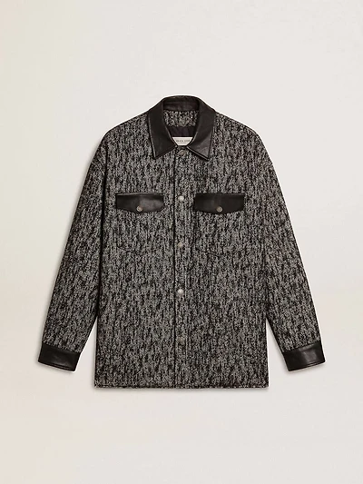 Gray herringbone jacket with black leather details