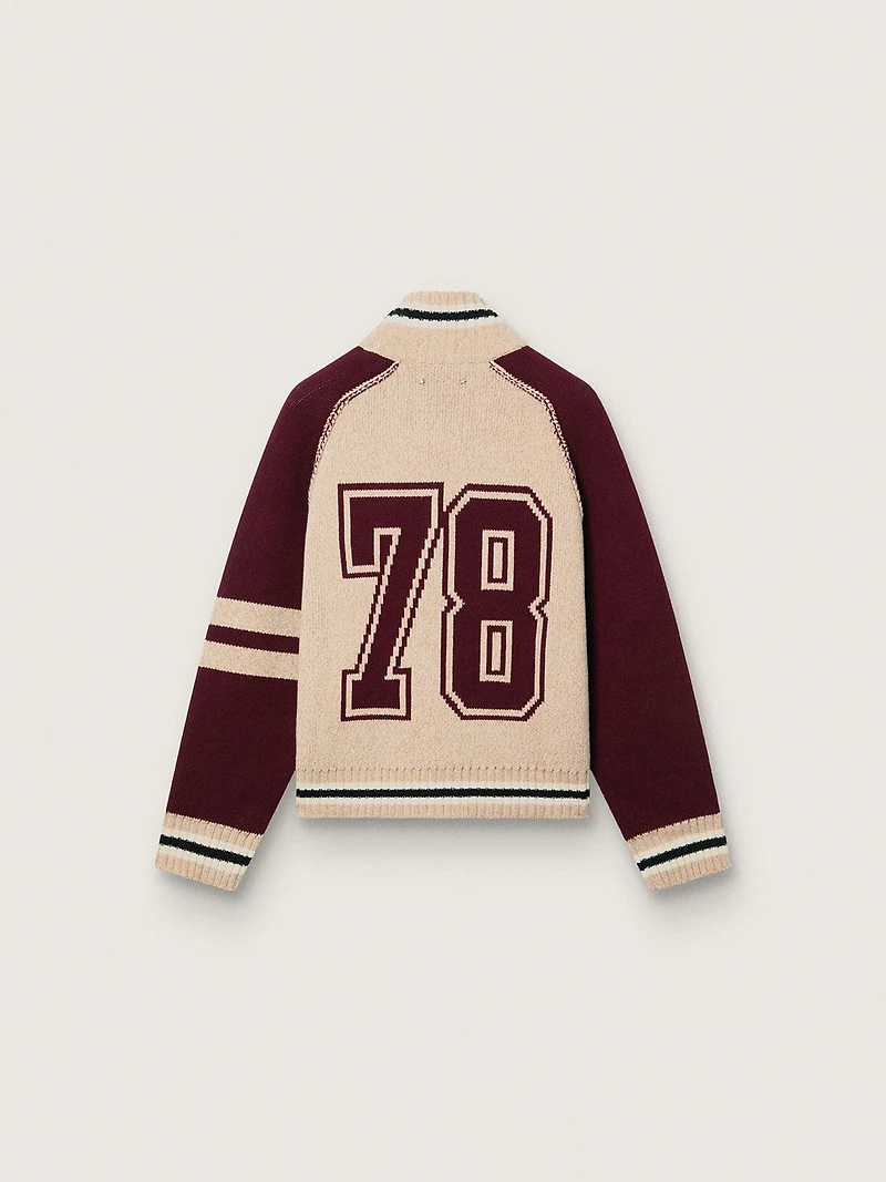 Unisex bomber jacket white and burgundy jacquard knit