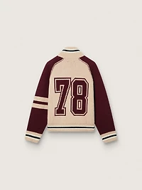 Unisex bomber jacket white and burgundy jacquard knit