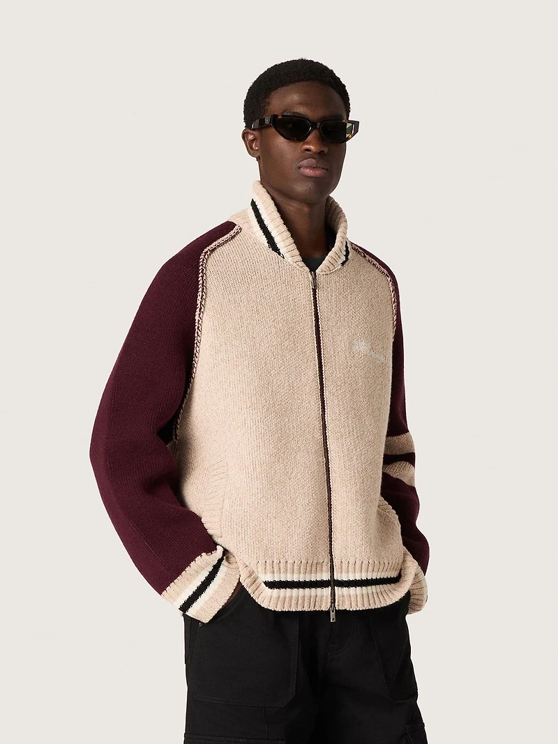 Unisex bomber jacket white and burgundy jacquard knit