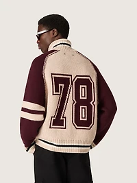Unisex bomber jacket white and burgundy jacquard knit