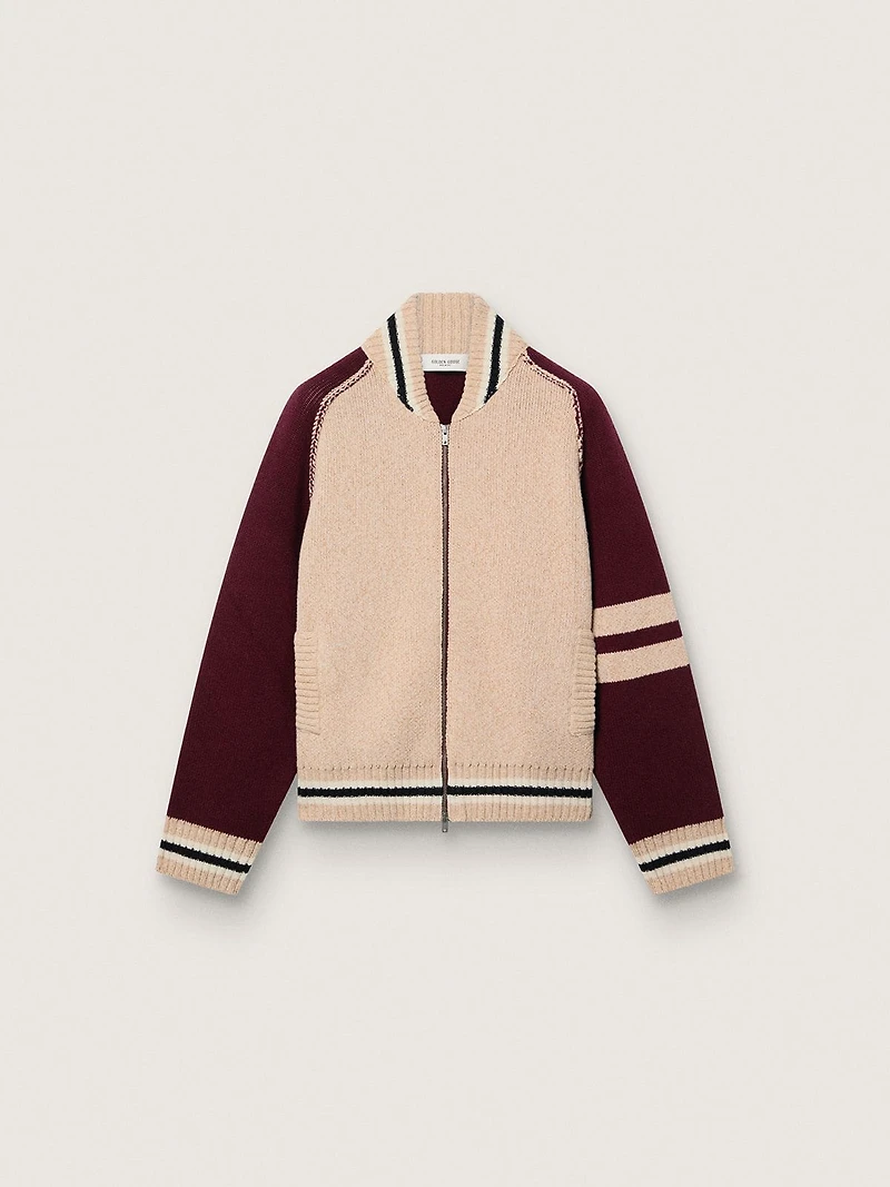 Unisex bomber jacket white and burgundy jacquard knit