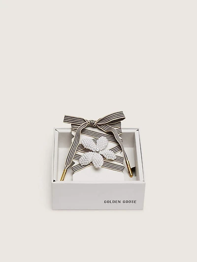 Skin "Vintage" black and beige striped laces with flower-shaped charm